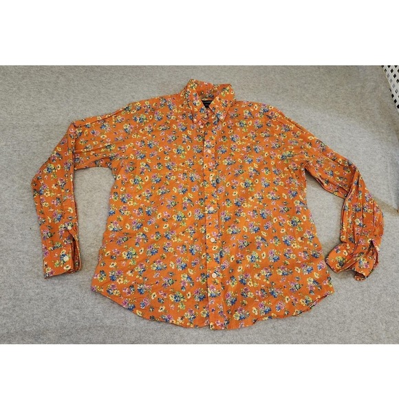 Ralph Lauren Sport Shirt Womens 14 Orange Floral Button Down Long Sleeve Cotton - Picture 1 of 16
